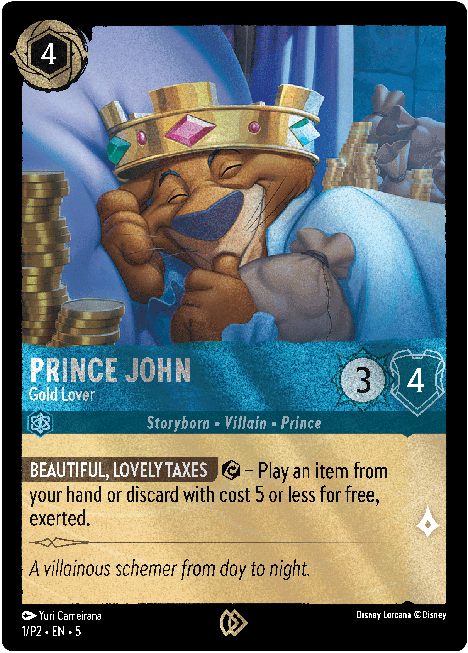 Prince John - Gold Lover card art showing Prince John lying in bed with piles of gold