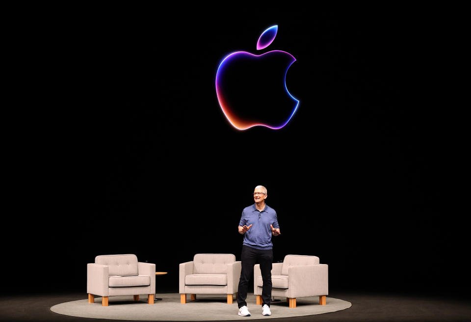 CUPERTINO, CALIFORNIA - JUNE 10: Apple CEO Tim Cook delivers remarks at the start of the Apple Worldwide Developers Conference (WWDC) on June 10, 2024 in Cupertino, California. Apple will announce plans to incorporate artificial intelligence (AI) into Apple software and hardware. (Photo by Justin Sullivan/Getty Images)