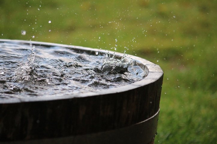 A close up of rain drops splashing into the water collecting in a short, wide wooden barrel. 