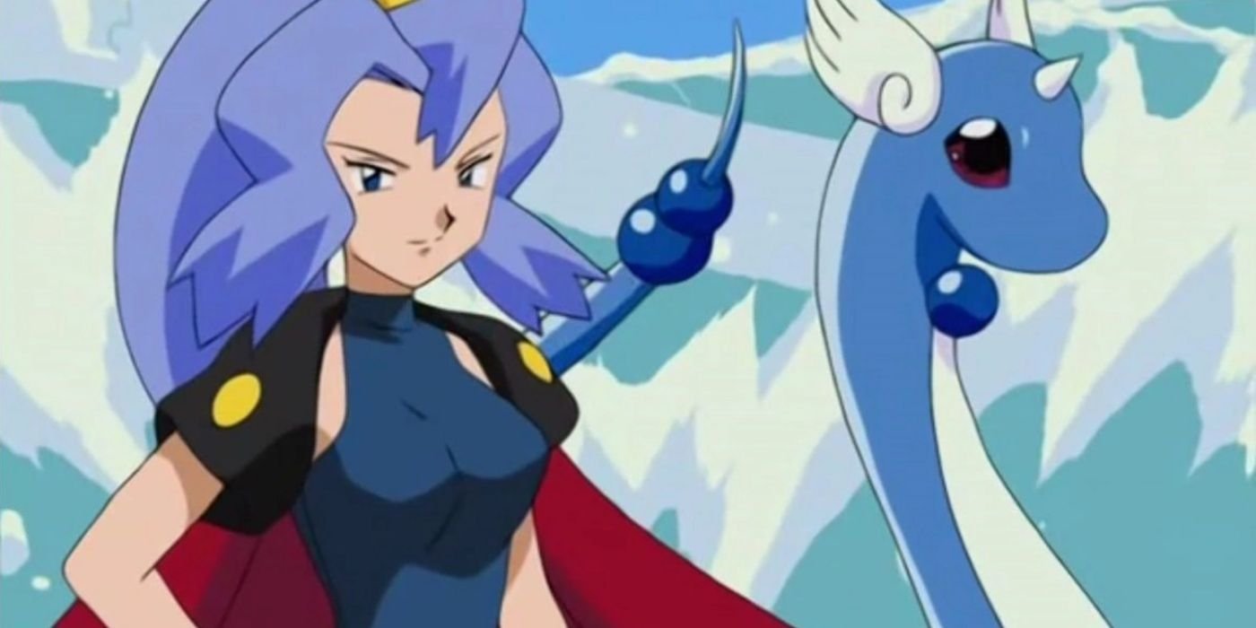Clair next to one of her Dragonair in the Pokémon anime.