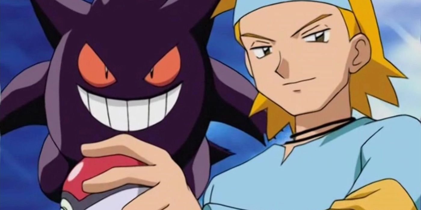 Morty holding a Poké Ball with his Gengar behind him in the Pokémon anime.