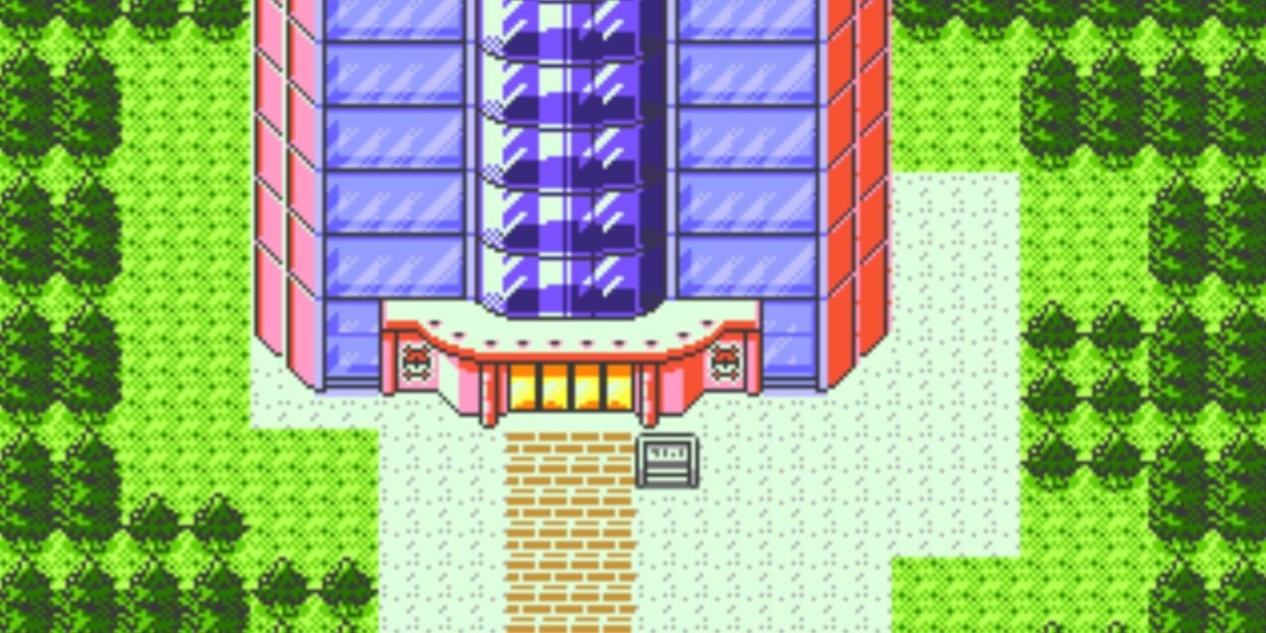 The outside of the Battle Tower in Pokémon Crystal, located on Route 40.