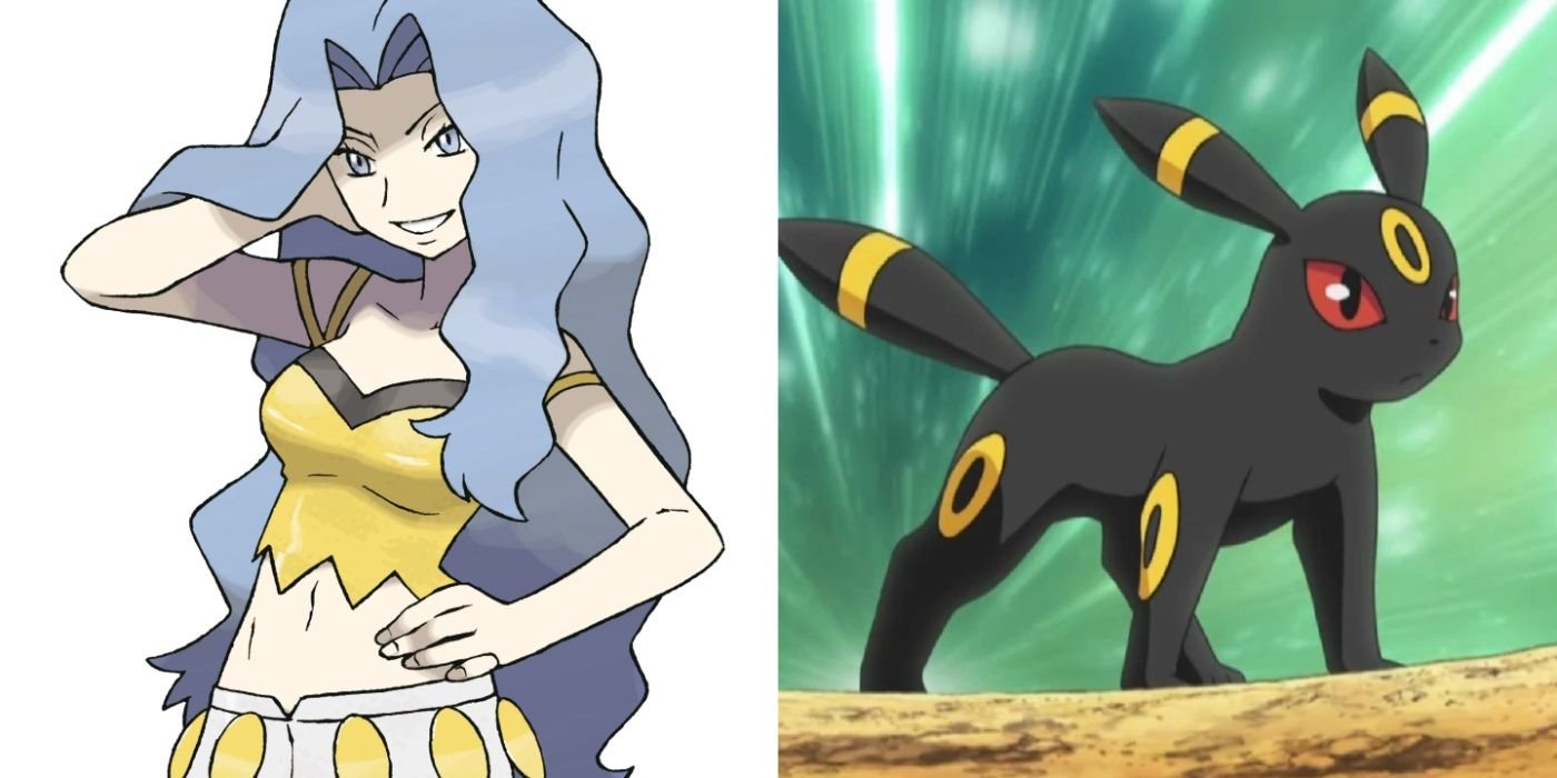 Split image of Elite Four member Karen and Umbreon in the Pokémon anime.