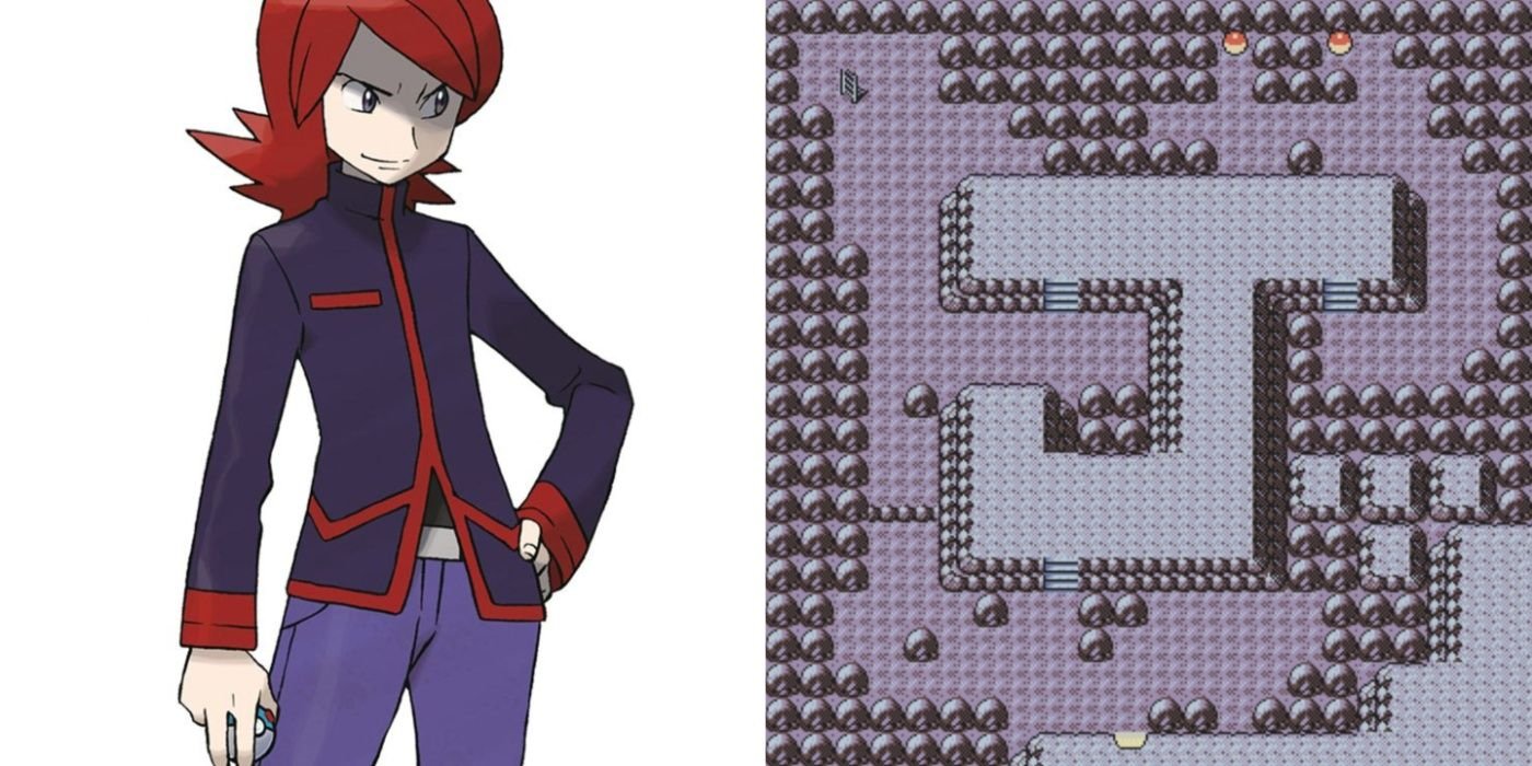 Split image of Silver key art from Pokémon HeartGold and SoulSilver and the inside of Victory Road from Gen II.