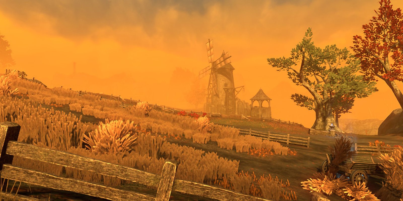 The Elder Scrolls Online Gold Road West Weald windmills in a field with a hazy orange sky