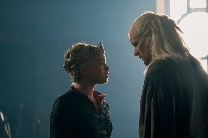 Daemon Targaryen stares at Young Rhaenyra in a dream. She's wearing the crown of Jaehaerys the Conciliator.