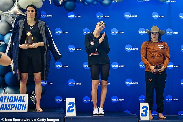 Transgender swimmer Lia Thomas, left, won the 500 freestyle final ahead of Emma Weyant and Erica Sullivan at the NCAA Swimming and Diving Championships in 2022 in Atlanta, Georgia