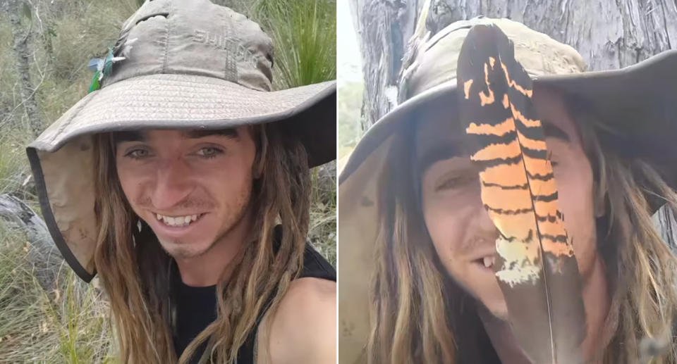 Flynn Kleis (left) smiling and holding up the feather to the camera (right). 