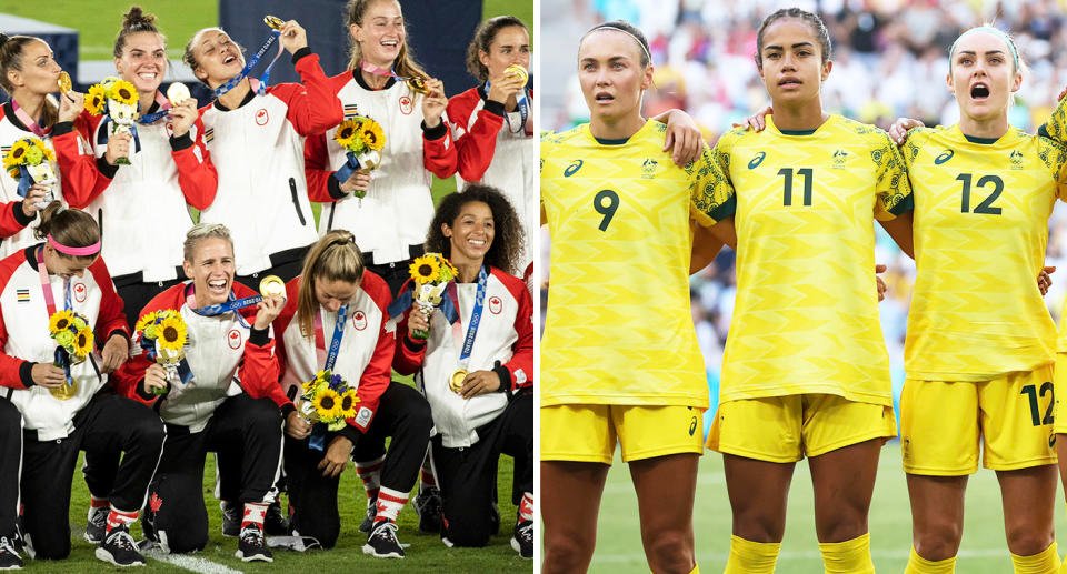 The Canadian and Australian women's football teams.