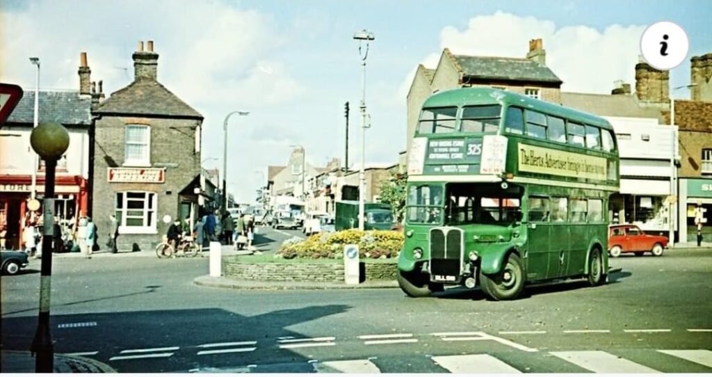 St Peter's Street and Catherine Street junction with a green bus on the roundabout.