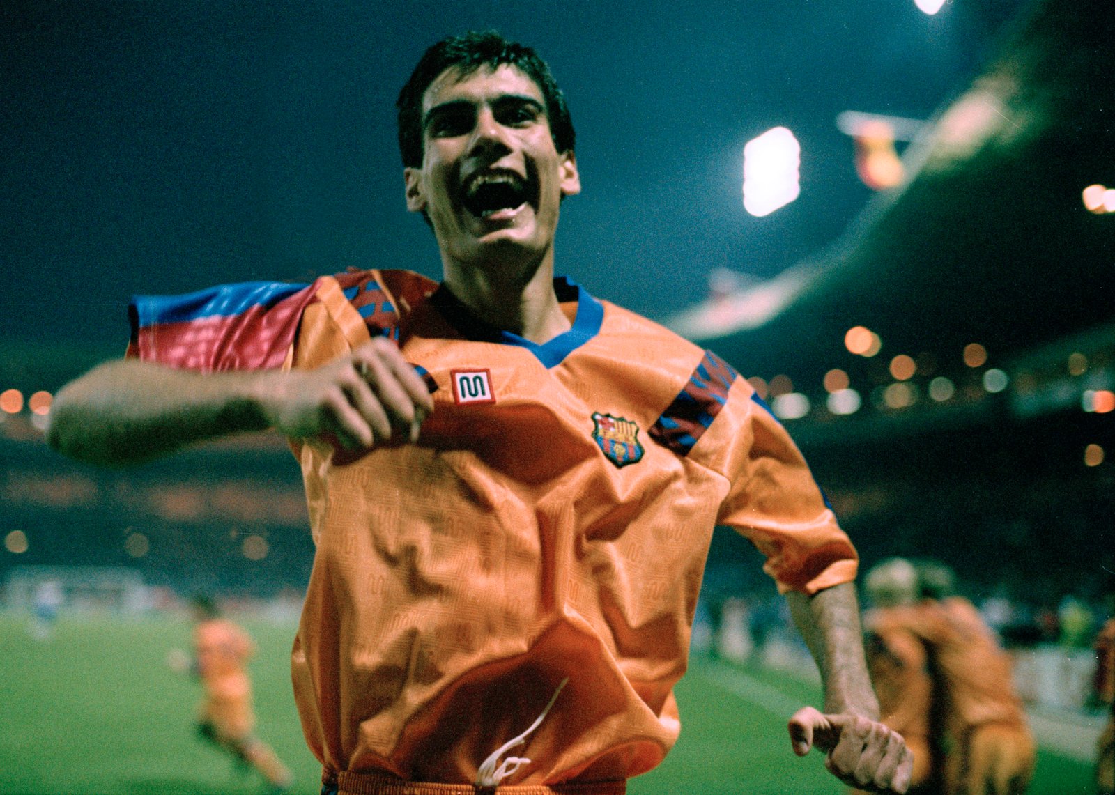 Pep Guardiola celebrates Barcelona's Champions League final victory over Sampdoria at Wembley in May 1992.