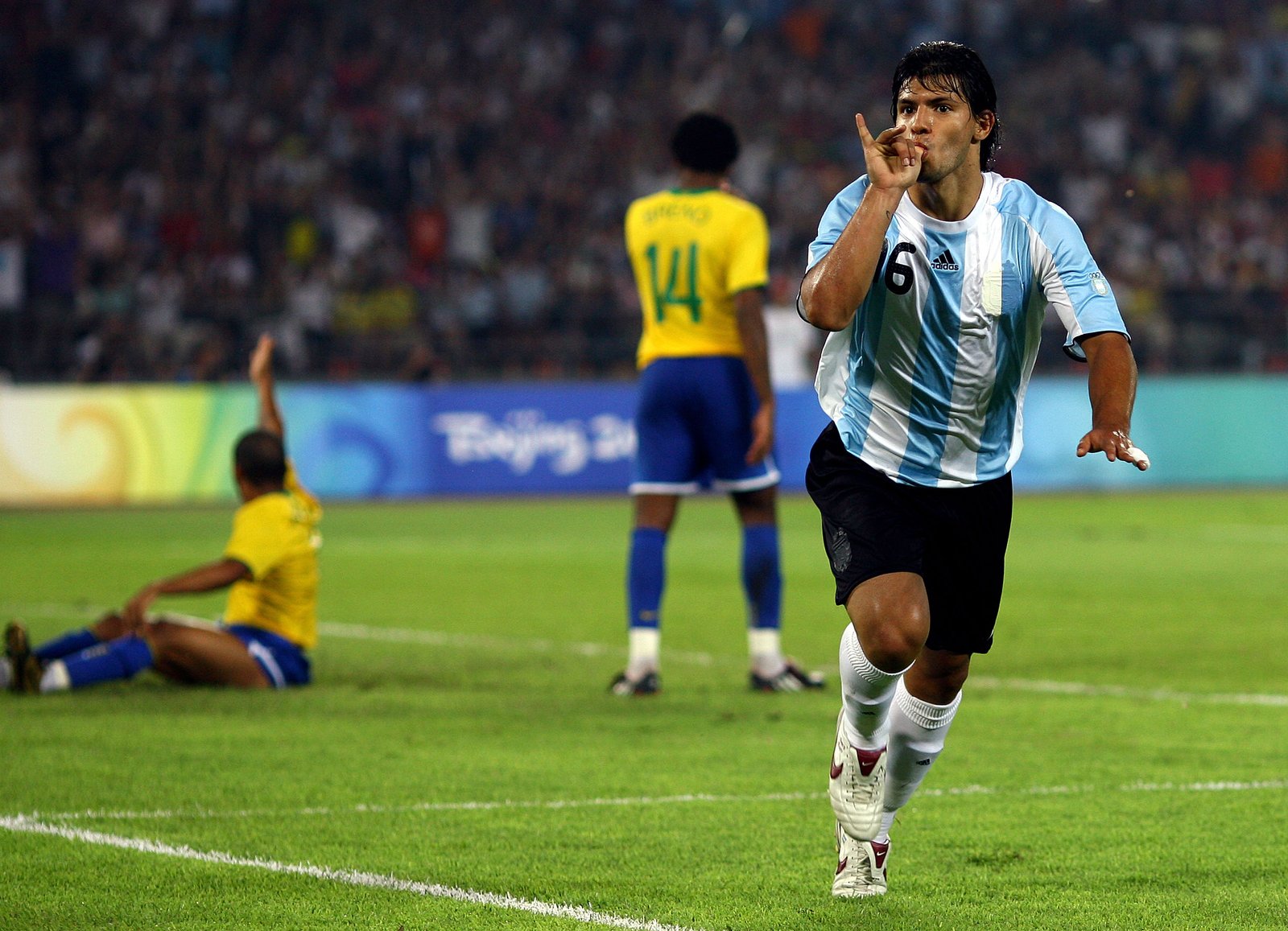 Sergio Aguero celebrates after scoring for Argentina against Brazil at the 2008 Olympics in Beijing.