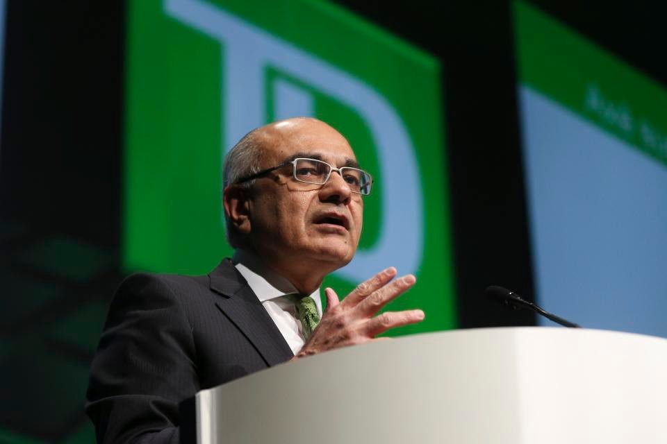 TORONTO, ON - MARCH 26:  Masrani addresses the crowd.
The Toronto Dominion Bank (TD) held it's annual general meeting Thursday at the John Bassett Theatre in the Metro Convention Centre.  The meeting was run by President and CEOI, Bharat Masrani and the Chairman of the Board, Brian Levitt.        (Richard Lautens/Toronto Star via Getty Images)