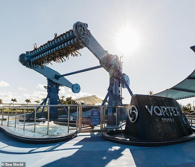 A spokesperson at the theme park on the Gold Coast told Daily Mail Australia '13 people' were trapped on the Vortex ride (pictured) and the incident is 'still unfolding