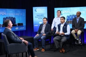 Ben Lee, Super Micro Computer; Sachin Hindupur, AMD; Neeloy Bhattacharyya, Vast Data; Bill Panos, Solidigm; Rob Strechay, theCUBE, talk about AI infrastructure solutions during Supermicro Open Storage Summit 2024.