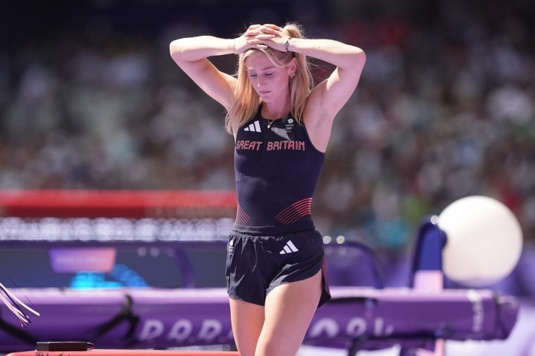 Great Britain's Molly Caudery reacts after being eliminated in the Women's Pole Vault Qualification at the Stade de France on the tenth day of the 2024 Paris Olympic Games in France. Picture date: Monday August 5, 2024. PA Photo. Photo credit should read: Martin Rickett/PA Wire. RESTRICTIONS: Use subject to restrictions. Editorial use only, no commercial use without prior consent from rights holder.