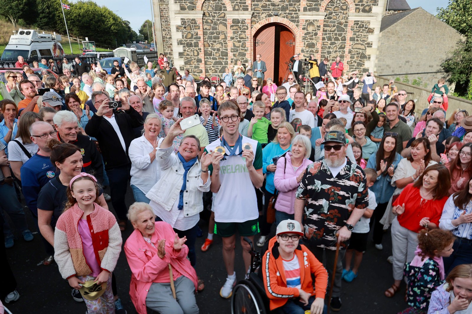 Gold and bronze medal-winning swimmer Daniel Wiffen during his homecoming event in Magheralin in County Down, after returning from the Olympics (Liam McBurney/PA)