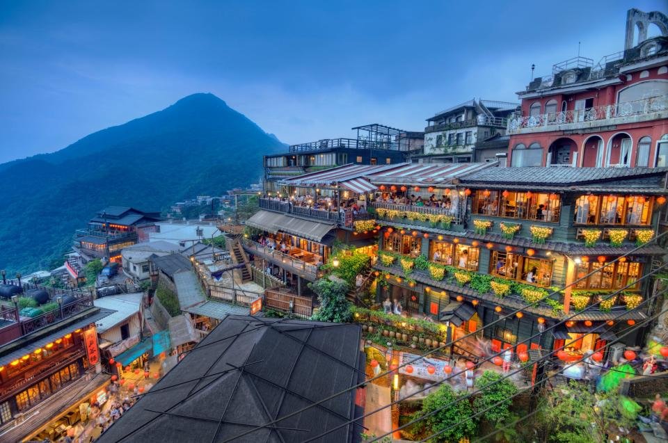 Teahouses at the touristy mountain town of Juifen in Taiwan.