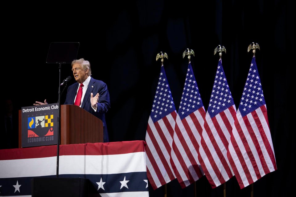 DETROIT, MICHIGAN - OCTOBER 10: Republican presidential nominee, former U.S. President Donald Trump, speaks at the Detroit Economic Club on October 10, 2024 in Detroit, Michigan. Trump is campaigning in Michigan, a key battleground state, ahead of the upcoming presidential election. (Photo by Bill Pugliano/Getty Images)