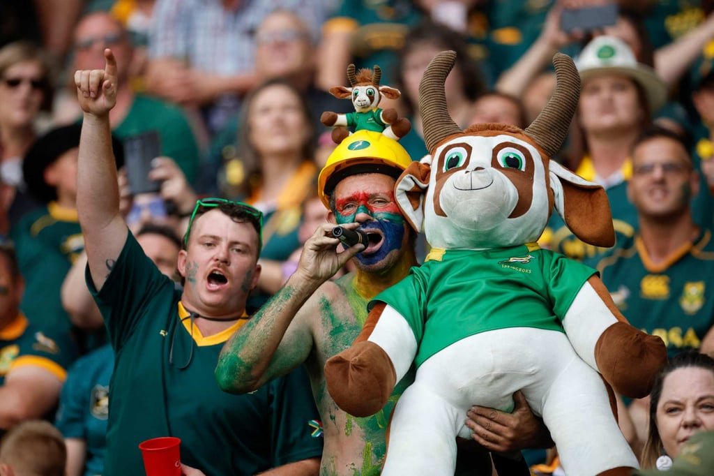 A South African supporter holds a Springbok stuffed animal as he cheers from the stands during the Rugby Championship Test match between South Africa and Argentina. Photo: AFP