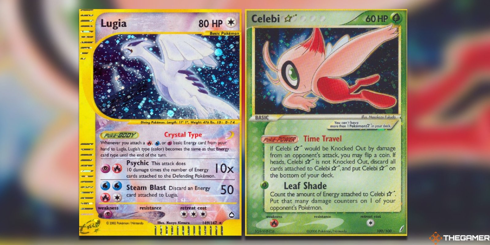 The Lugia from Aquapolis and Celebi Star from Crystal Guardians in the Pokemon TCG.