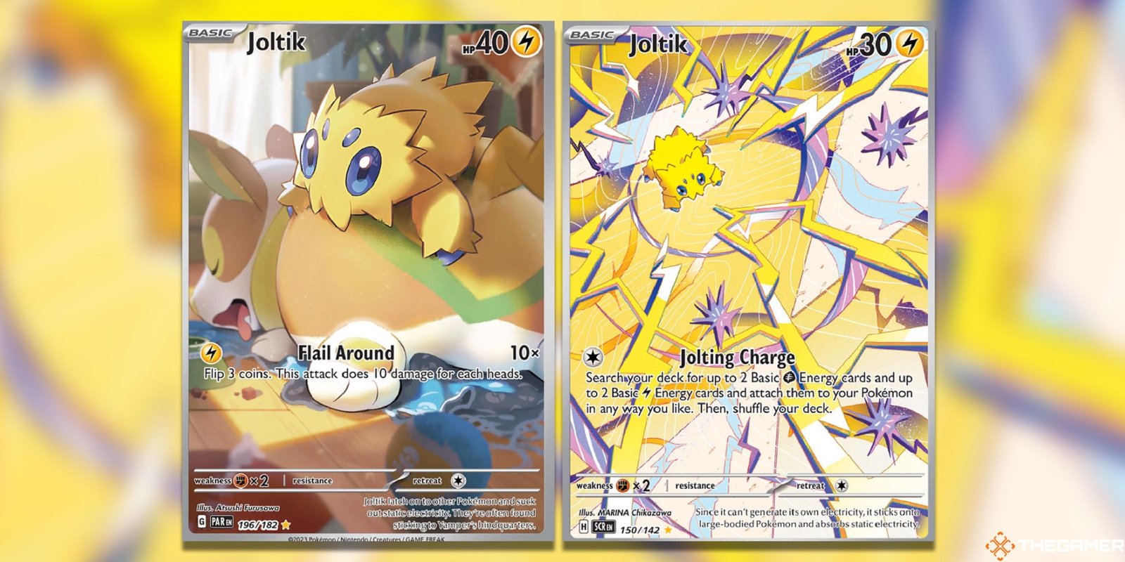 The Joltik Illustration Rares from Paradox Rift and Stellar Crown in the Pokemon TCG.